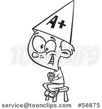 Cartoon Outline Smart School Boy Sitting on a Stool and Wearing an a Plus Hat by Toonaday