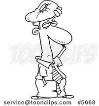 Cartoon Black and White Line Drawing of a Migraine Ridden Business Man Holding an Ice Pack to His Head by Toonaday