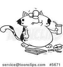 Cartoon Black and White Line Drawing of a Fat Cat Sipping Soda and Eating Fast Food by Toonaday