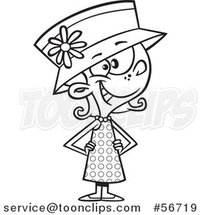Cartoon Outline Girl Wearing a Polka Dot Dress and a Hat by Toonaday