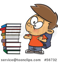 Cartoon Brunette White School Boy Glaring at a Stack of Books by Toonaday