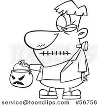 Cartoon Outline Halloween Frankenstein Trick or Treating with a Pumpkin Basket by Toonaday
