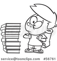 Cartoon Outline School Boy Glaring at a Stack of Books by Toonaday