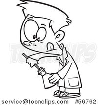 Cartoon Outline School Boy Inserting Something into a Science Laboratory Flask by Toonaday