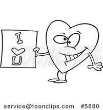 Cartoon Black and White Line Drawing of a Heart Holding an I Love You Sign by Toonaday