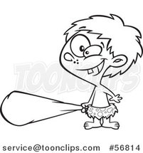 Cartoon Outline Cave Boy Holding a Club and Grinning by Toonaday