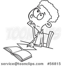 Cartoon Outline School Boy Writing and Thinking While Figuring out a Math Problem by Toonaday