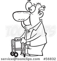 Cartoon Outline Old Guy Using a Walker to Get Around by Toonaday