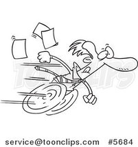 Cartoon Black and White Line Drawing of a Fast Business Man on Wheels by Toonaday