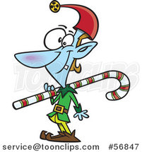 Cartoon Blue Christmas Elf Carrying a Cane over His Shoulder by Toonaday