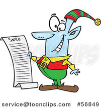 Cartoon Blue Christmas Elf Reading Santas List by Toonaday