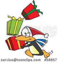 Cartoon Christmas Penguin Running with a Stack of Gifts by Toonaday