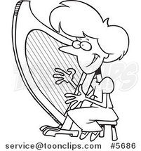 Cartoon Black and White Line Drawing of a Lady Playing a Harp by Toonaday