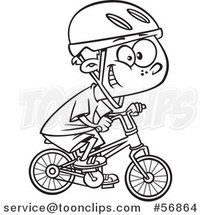 Cartoon Outline Little Boy Wearing a Helmet, Grinning and Riding a Bicycle by Toonaday