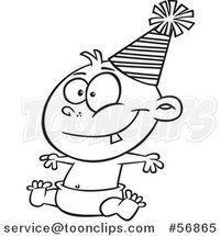 Cartoon Outline New Year Baby Sitting in a Diaper and Wearing a Party Hat by Toonaday