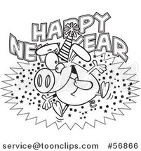 Cartoon Outline Hyper Pig Wearing a Party Hat and Jumping over a New Year Greeting by Toonaday