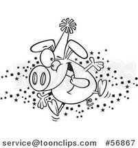 Cartoon Outline Hyper Pig Wearing a Party Hat and Celebrating the New Year by Toonaday