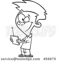 Cartoon Outline Little Boy Smiling and Playing with a Remote Control for a Toy by Toonaday