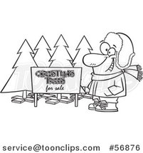 Cartoon Outline Guy Selling Christmas Trees at a Lot by Toonaday