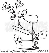 Cartoon Outline Festive Guy Wearing Antlers and Holding a Drink at a Christmas Party by Toonaday