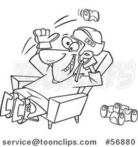 Cartoon Outline Hockey Player or Fan Sitting in a Chair and Tossing Back Beer Cans by Toonaday