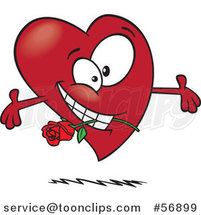 Cartoon Romantic Red Love Heart Character with Open Arms and a Rose in His Mouth by Toonaday