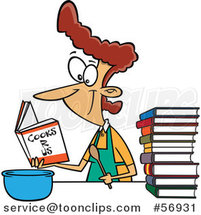 Cartoon Brunette White Lady Learning to Cook with Books by Toonaday