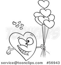 Cartoon Outline Romantic Love Heart Character with Open Arms and Balloons by Toonaday