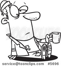 Cartoon Black and White Line Drawing of a Homeless Guy Sitting and Holding a Cup by Toonaday