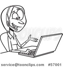 Cartoon Outline Lady Working on a Laptop and Offering Tech or Customer Service Support by Toonaday