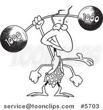 Cartoon Black and White Line Drawing of a Strong Ant Lifting a Barbell by Toonaday