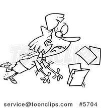 Cartoon Black and White Line Drawing of a Business Woman Breaking Her Heel and Spilling Files by Toonaday