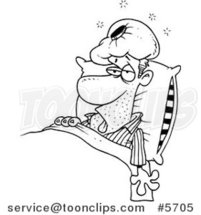 Cartoon Black and White Line Drawing of a Sick Guy in Bed with an Ice Pack by Toonaday
