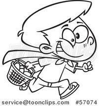 Cartoon Outline Boy Wearing a Cape and Running at an Easter Egg Hunt by Toonaday