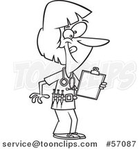 Cartoon Outline Energetic Female Nurse Holding a Medical Chart on a Clipboard and Wearing a Vaccine Belt by Toonaday