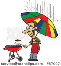 Cartoon Dedicated White Guy Holding an Umbrella Nd Flipping a Burger on a Bbq Grill in the Rain by Toonaday