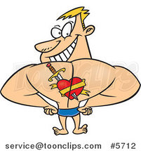 Cartoon Strong Guy Showing off the Heart Tattoo on His Back by Toonaday