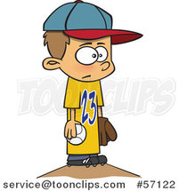 Cartoon White Boy Wearing a Big Jersey and Standing on Baseball Pitchers Mound by Toonaday