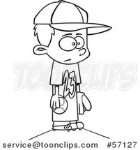 Cartoon Outline Boy Wearing a Big Jersey and Standing on Baseball Pitchers Mound by Toonaday