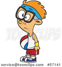 Cartoon Red Haired White Boy Wearing Glasses and a Headband, Holding a Ball at Recess by Toonaday