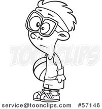 Cartoon Outline Boy Wearing Glasses and a Headband, Holding a Ball at Recess by Toonaday