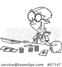 Cartoon Outline Young Accountant Boy Counting Money by a Piggy Bank by Toonaday