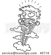 Cartoon Black and White Line Drawing of a Scared Boy on Top of a Tower by Toonaday