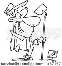 Cartoon Outline Guy Holding a Hoe and Standing over a Carrot Row in a Garden by Toonaday