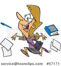 Cartoon Dirty Blond White Female Teacher Running and Tossing Items on the Last Day of School by Toonaday