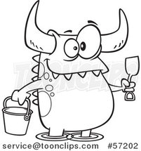 Cartoon Outline Monster with a Bucket and Shovel, Wading on a Beach by Toonaday