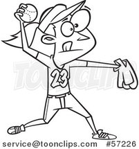 Cartoon Outline Girl Throwing a Softball by Toonaday