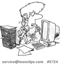 Cartoon Black and White Line Drawing of a Stressed Assistant Multi Tasking by Toonaday