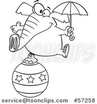 Cartoon Outline Circus Elephant Holding an Umbrella and Balancing on a Ball by Toonaday