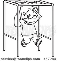 Cartoon Outline School Girl Playing on Playground Monkey Bars by Toonaday